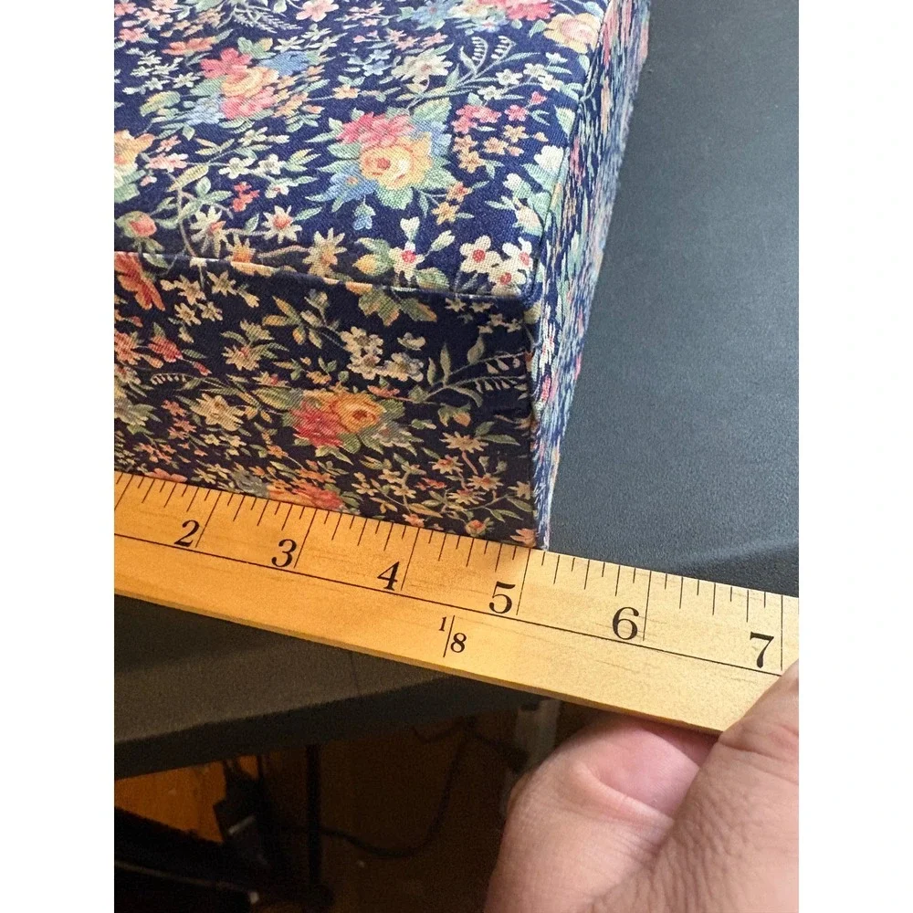 Vintage Floral Chintz Fabric Jewelry Box Navy Blue Mirror Organizer Tray